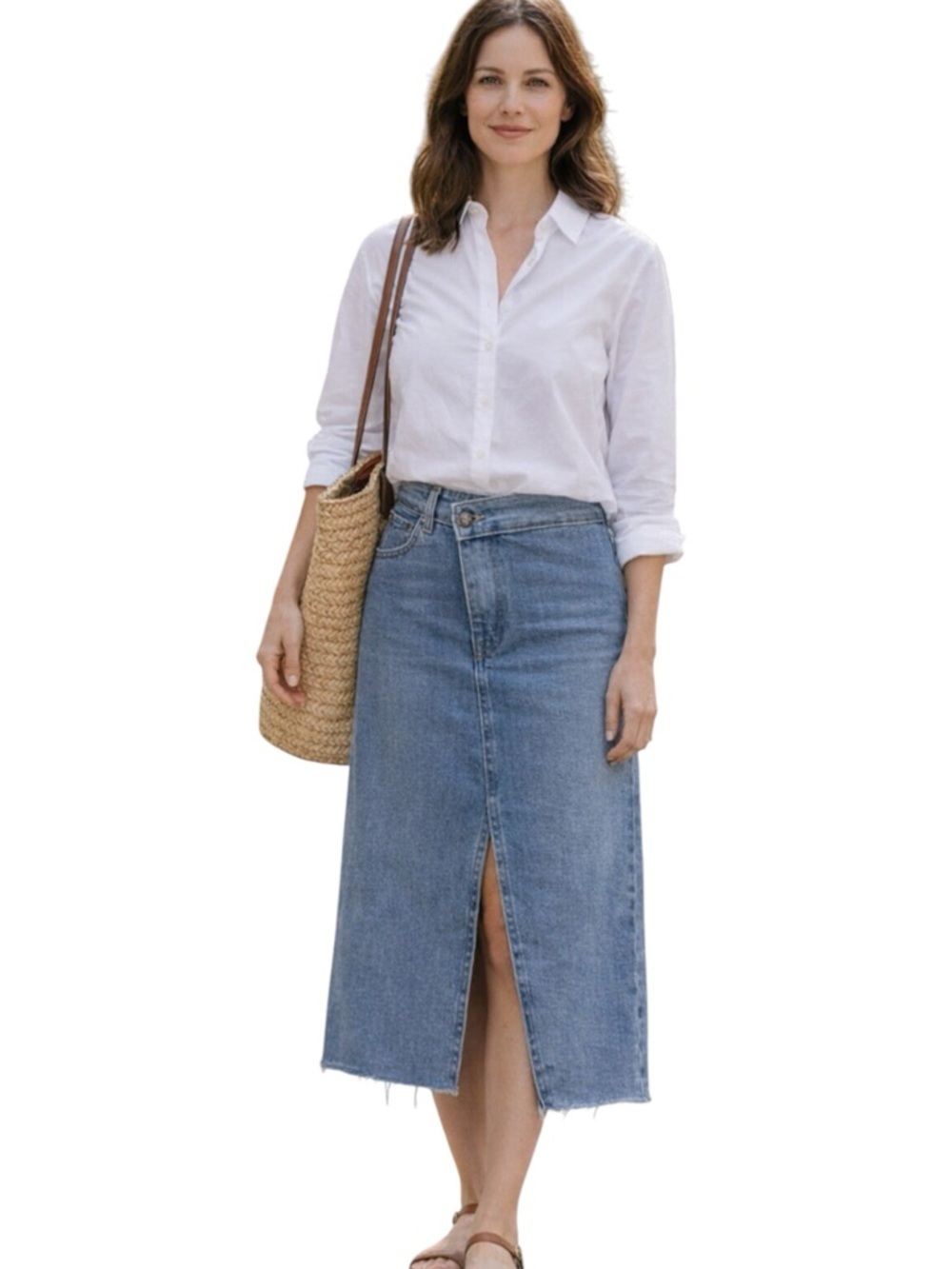 HAPPILY GREY Denim Front Slit Midi Skirt Raw Hem Asymmetrical Waistband 7/27 - Picture 10 of 11